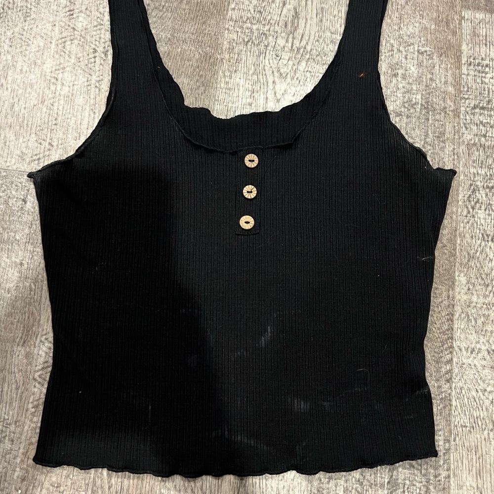SHEIN Black Ribbed Tank Top with Button Detail